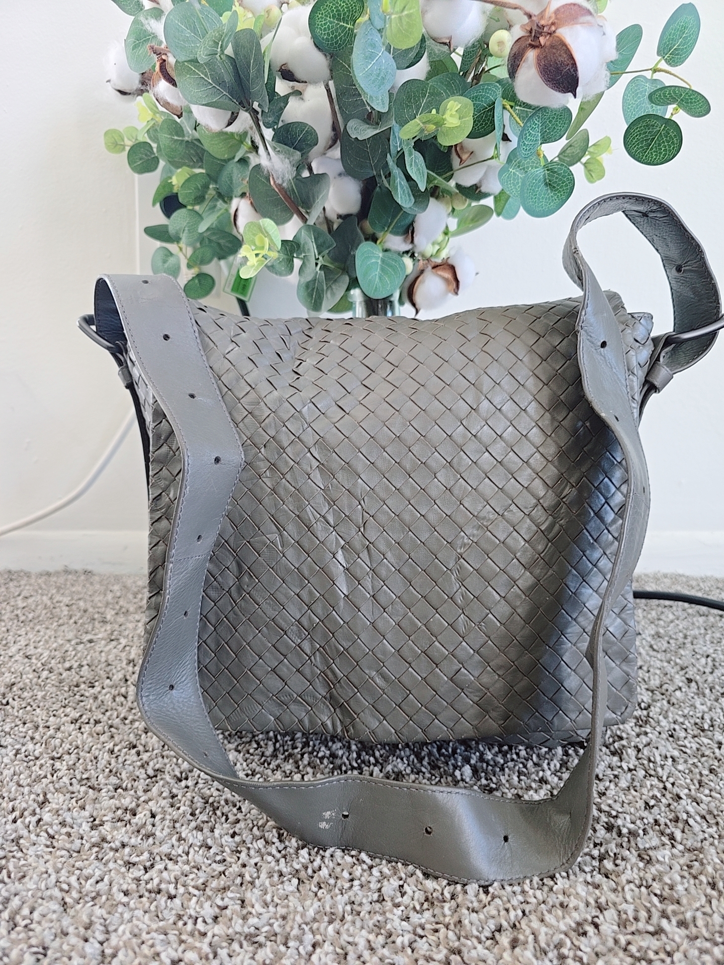 Bottega Veneta Woven Leather Shoulder Bag  Gray